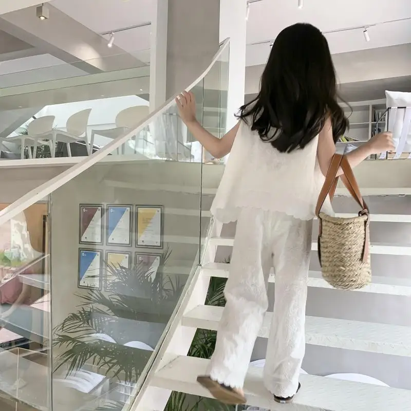 Casual Summer Newborn Baby Girls Outfits Suit Lace Sleeveless T-shirts Tops+Wide-leg Trousers 2Pcs Kids Outfit Sets