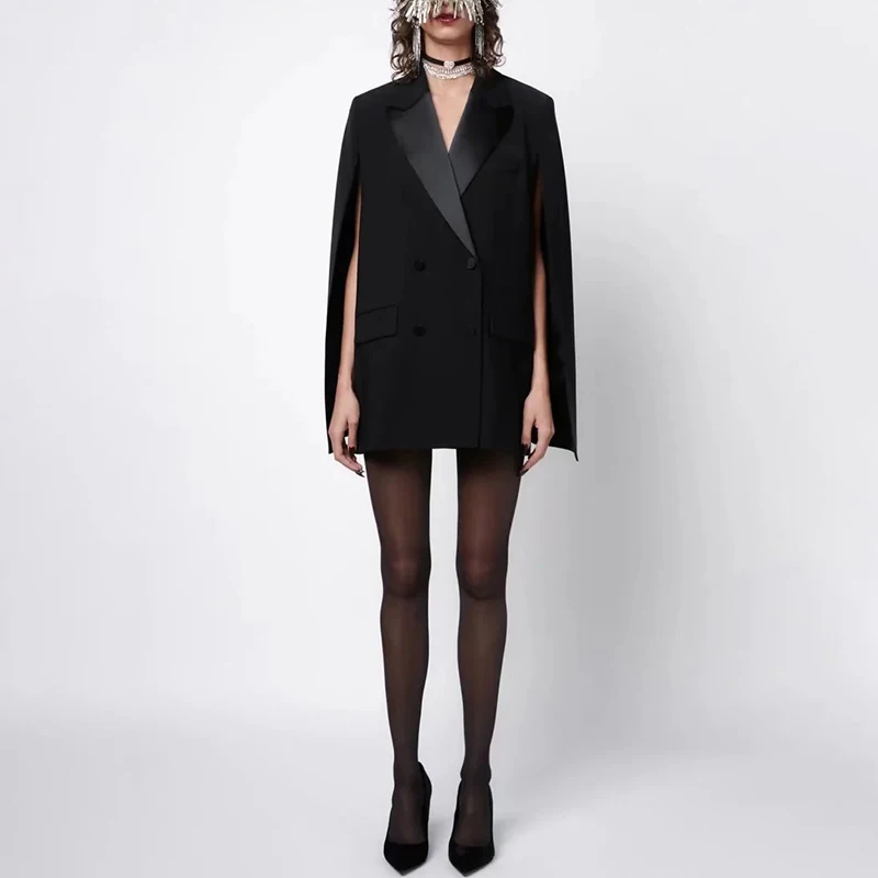 

Women Black Cape Jacket Vintage Notched Europe America Collar Pocket Fashion Female Casual Wild Chic Tops Suit Coat