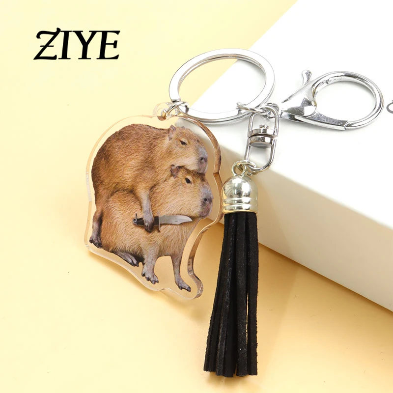 

Creative Capybara Acrylic Keychains Cute Cartoon Animals Leather Tassel Pendant Key Rings For Women Man Popular Ornaments Gifts