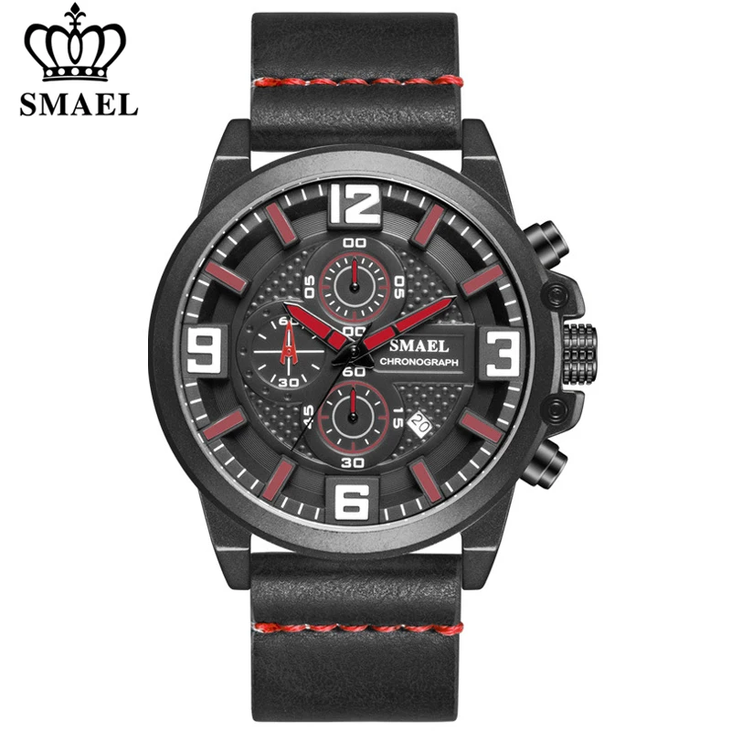 

SMAEL Men's Watches Stopwatch Man Date Military Analog Quartz Watch Leather 30M Waterproof Clock Fashion Men Sport Wristwatch
