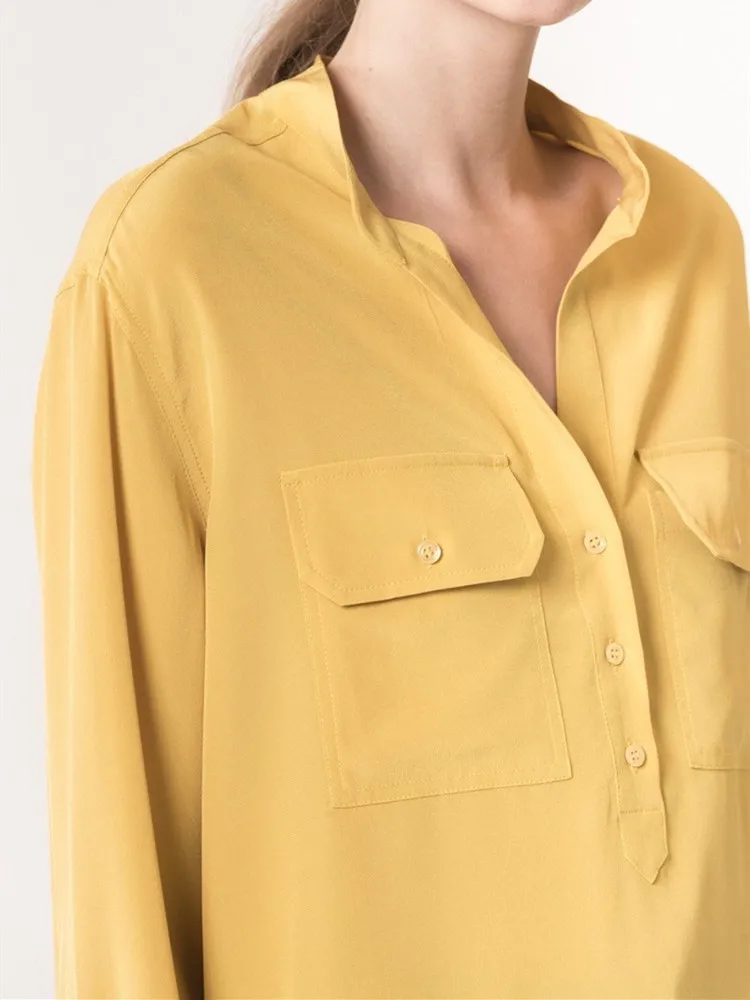 

Блузка женская однотонная на пуговицах спереди, с круглым вырезом и длинными рукавами