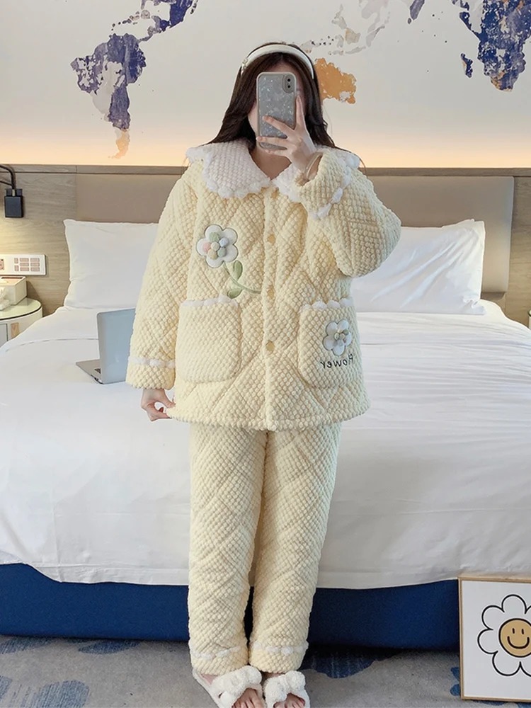Coral Fleece Pajamas Women Autumn and Winter Quilted Three-Layer Thickened 2023 New Flannel Goose Yellow Spring Home Wear Set