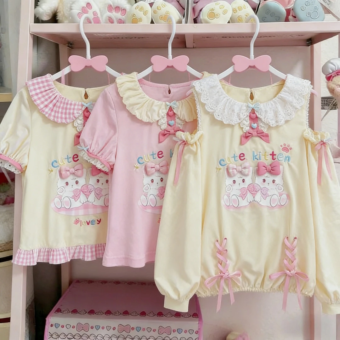 Фото Японские футболки Kawaii, женские повседневные укороченные топы Y2k, милые футболки в стиле Лолиты, дизайн для девочек, одежда, футболки с короткими рукавами, верхняя одежда, шикарная одежда №1