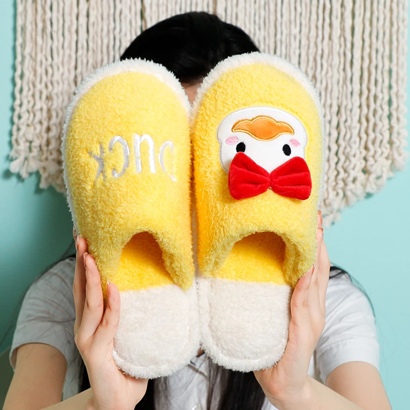 

Women Winter Duck Slippers Warm Soft Plush Home Slipper Cute Shoes Women House Flat Floor Soft Slides Bedroom couple slippers