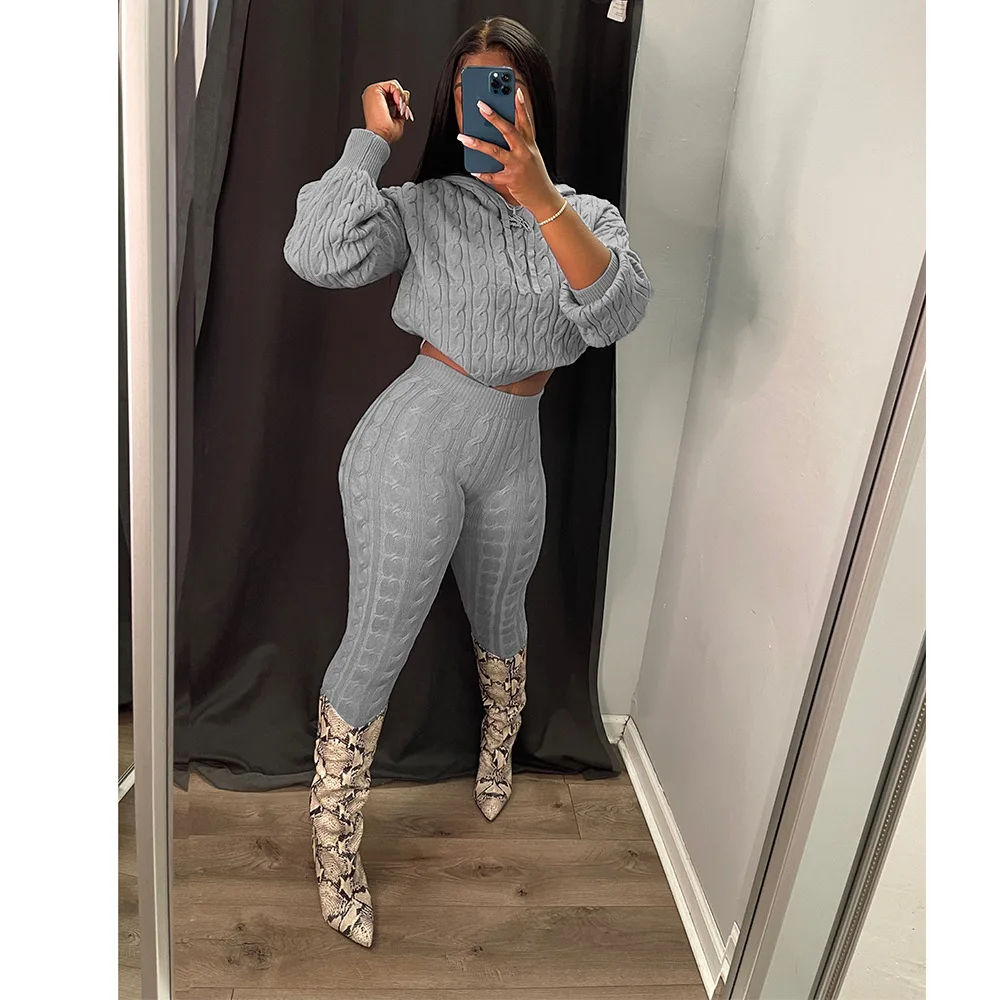 

Knitted Sweater Two Piece Set Autumn Winter Fashion Women Long Sleeve Hooded Crop Top Pants Suits