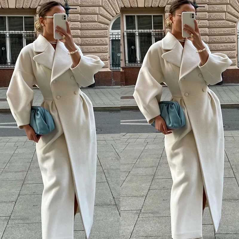 Autumn Lantern Sleeve Women Woolen Coat Lapel Double-Breasted Office Lady Long Jackets Windbreaker Thick Streetwear Female Coats