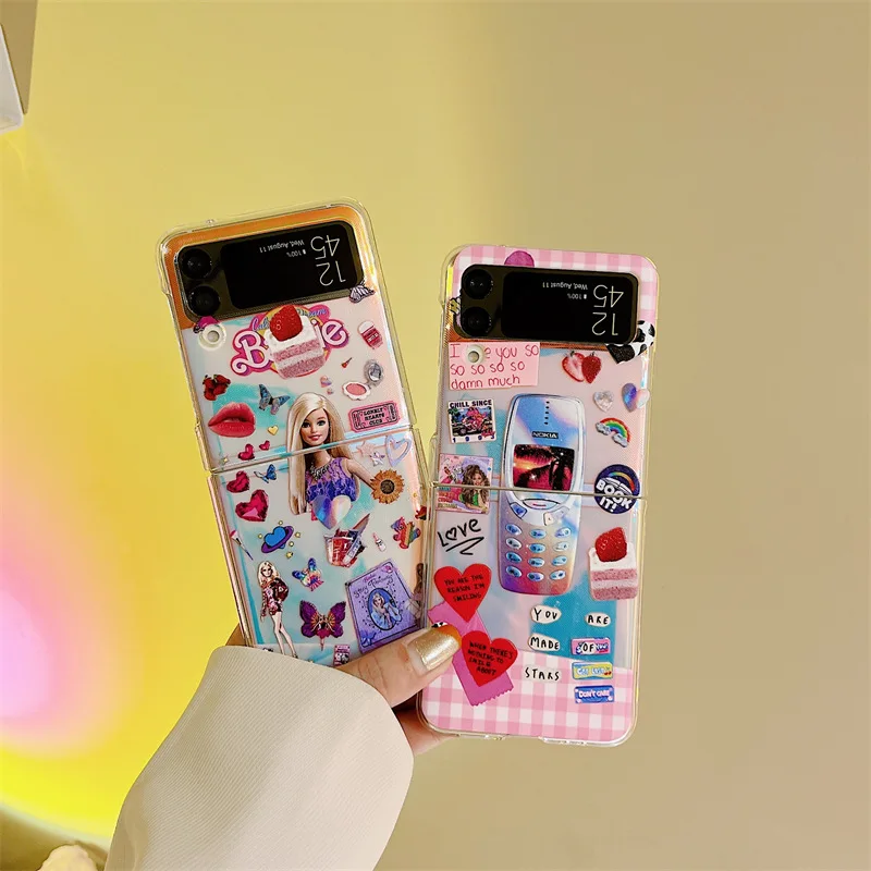

Lovely Girl Long Pearls Chains Fashion Phone Case for Samsung Galaxy Z Flip 3 5G Hard PC Back Cover for ZFlip3 Cases Shell