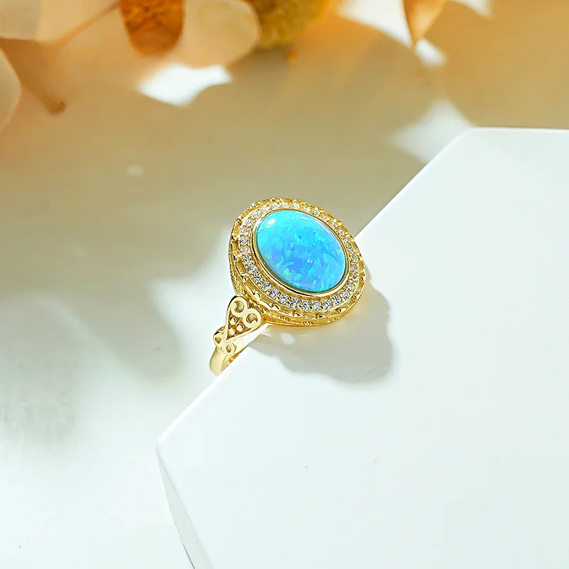 Новинка 925 серебро Голубой опал овальное Ретро модное кольцо с инкрустированным