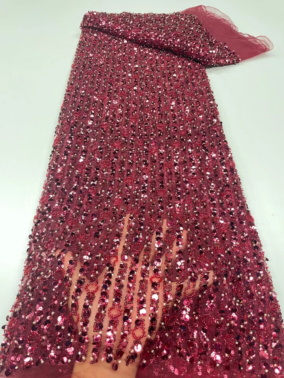 

Новая красная африканская кружевная ткань ручной работы с бусинами для свадьбы 2023 высококачественные нигерийские французские блестки сетчатая Тюлевая кружевная ткань KRC23218