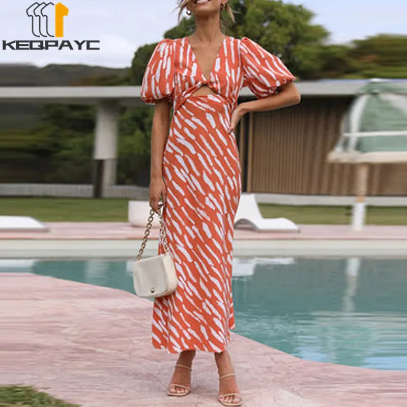 

Summer Women's Dress New 2023 Women Fashion Print Elegant V-neck Hollow Out Puff Short Sleeve Slim Fit Dresses Ladies Clothes