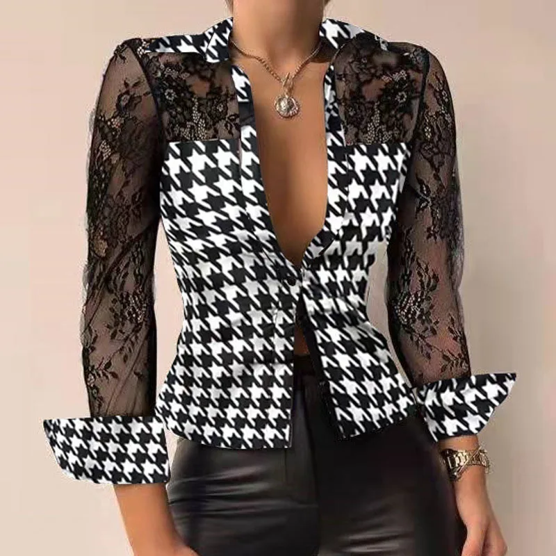 Women Lapel Patchwork PU Leather Blouse Sexy Single Breasted Plaid Houndstooth Lady Tops Elegant Long Sleeve Office Shirt Blusas
