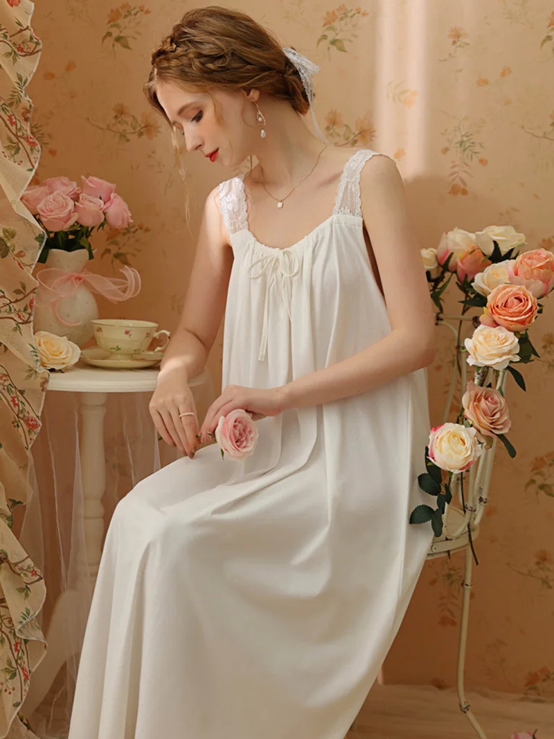 Women Summer Spaghetti Strap Lace-up Drawstring Nightdress Pajamas Vintage Princess Loose Fairy Cotton Sweet Sexy Sleepwear