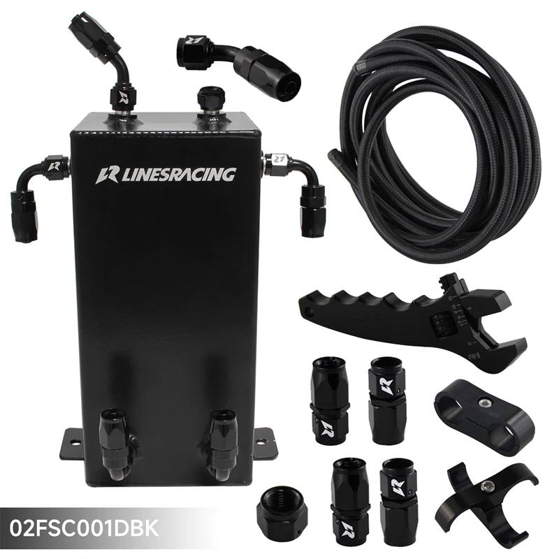 

Universal Aluminum 4L Oil Catch Can Fuel Surge Tank AN6 Swirl Pot System Kit with Fuel Hoses + Wrench Black for bmw e36