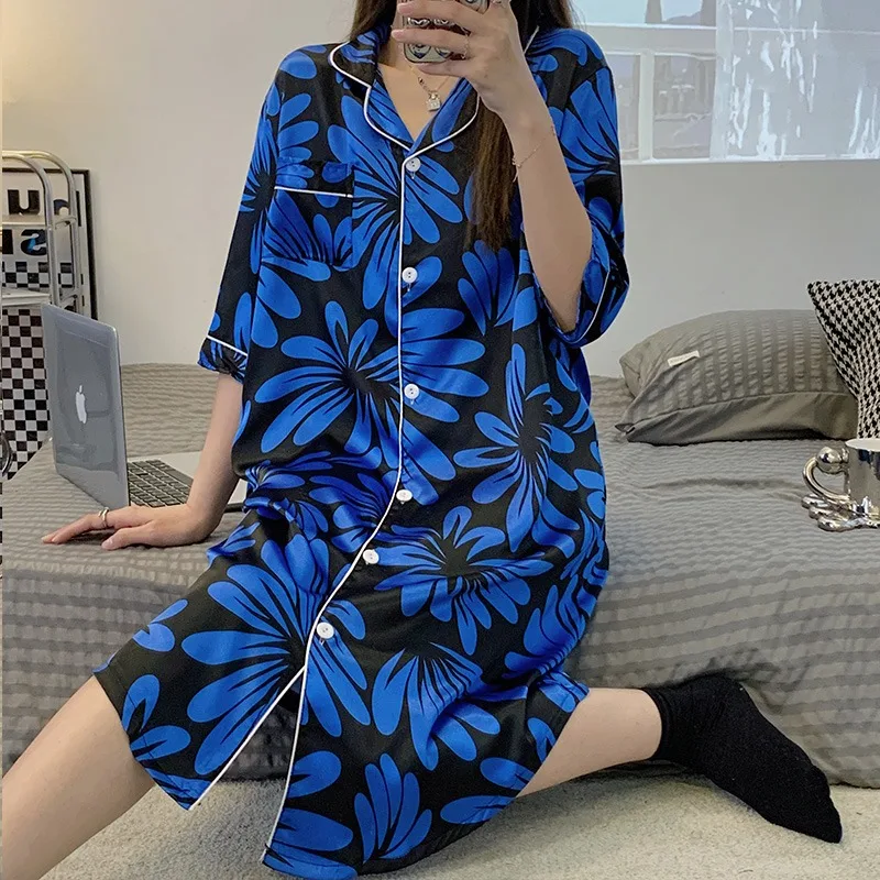 New Summer Soft Silk Nightgown Half Sleeve Floral Print Turn-down Collar Homedress Leisure Satin Nightdress For Women Plus Size