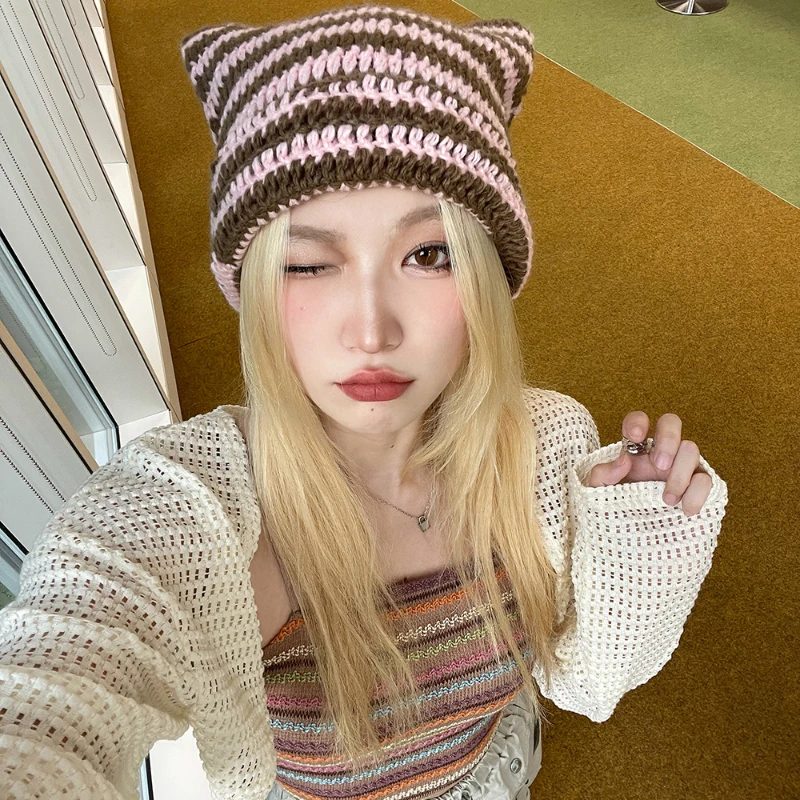 

Little Devil Striped Knitted Sweater Hat Lady Kitten Ears Cute Pointy Hat Sweet Cool Fashion All-match Casual Pullover Hat Man