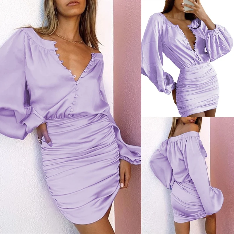 

Ladies Round Neck Puff Sleeve Single-Breasted All-Match Folded Hip Skirt Dress