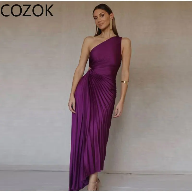 

Elegant Ruffled Purple Pleated Diagonal Collar Maxi Dresses For Women Backless Sleeveless Irregular Dress Lady Evening Vestidos