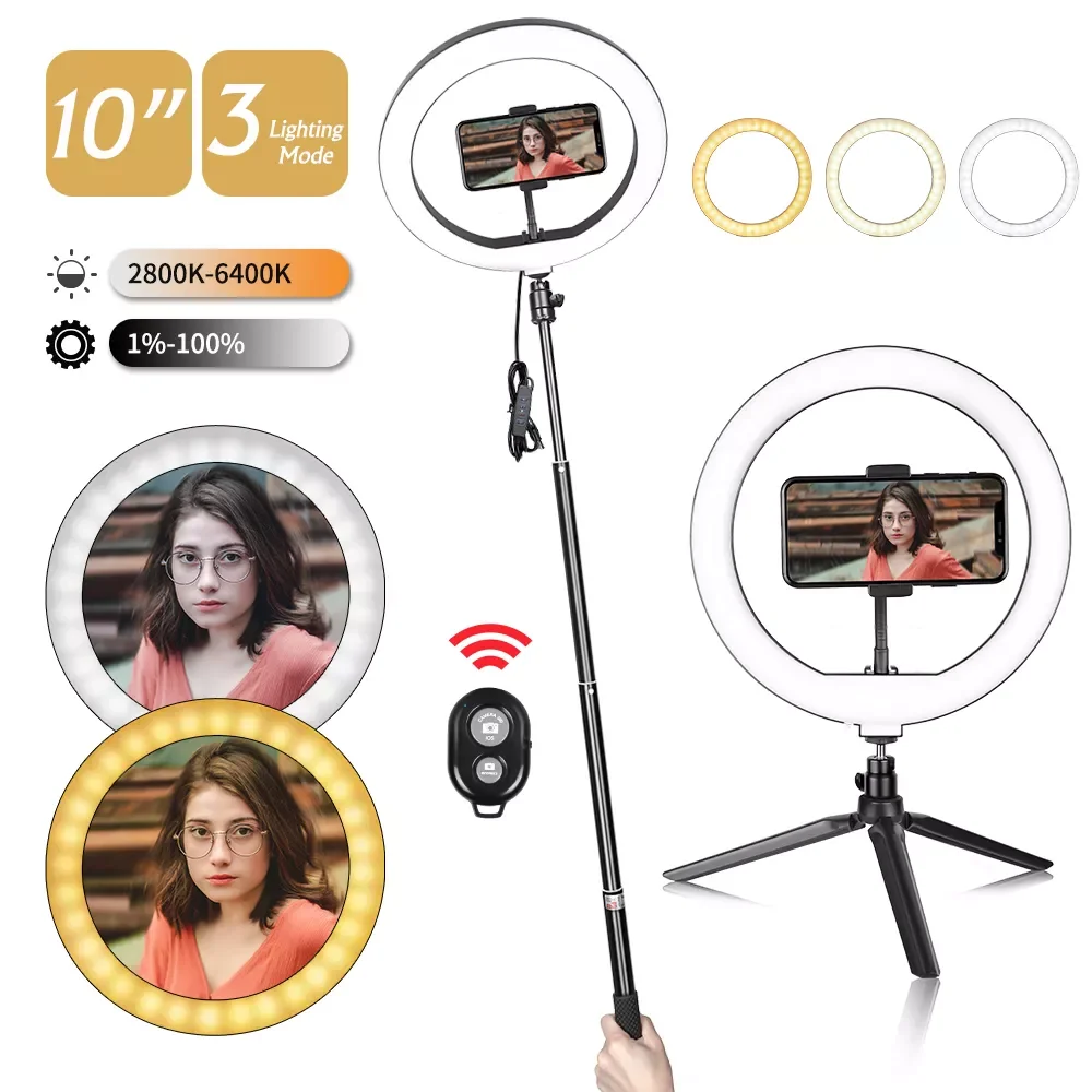 

NEW2023 10inch LED Selfie Ring Light With Tripod Stand Holder For Makeup/Live Stream,Ringlight for YouTube Video/Photography