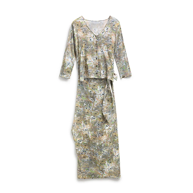 

Dress Women 100% Silk Printed V Neck Three-quarter Sleeves Waist Lace-up Elegant Long Dresses Ladies New Fashion