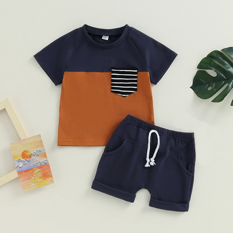 

2023-05-26 Lioraitiin 0-3Years Toddler Baby Boy 2Pcs Casual Clothing Set Summer Short Sleeve Pocket Shirt Top Solid Shorts