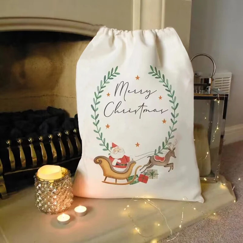 

Merry Christmas Santa Sack Family Xmas eve Holiday party Stocking home Fireplace Mantle decoration kid boy girl Gift Present bag