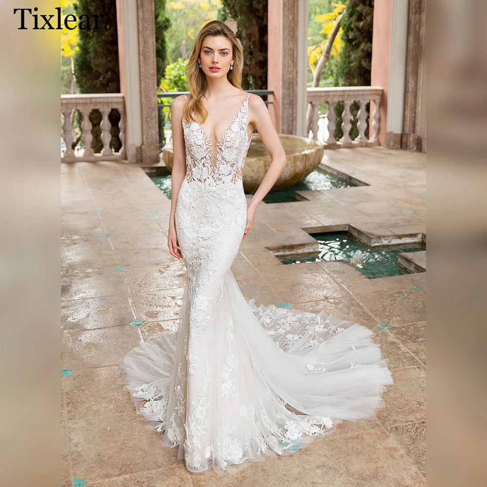 

PERFECT 2023 Wedding Dresses For Woman Charming V-Neck Mermaid Sleeveless Appliques Satin Court Train Robe De Mariée