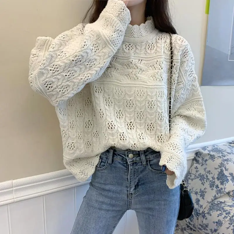 

Vintage Sweaters Women Half Turtleneck Loose Hollow Out Pullovers Woman Clothes Spring Autumn Knitted Sweaters Mujer Jumper Tops