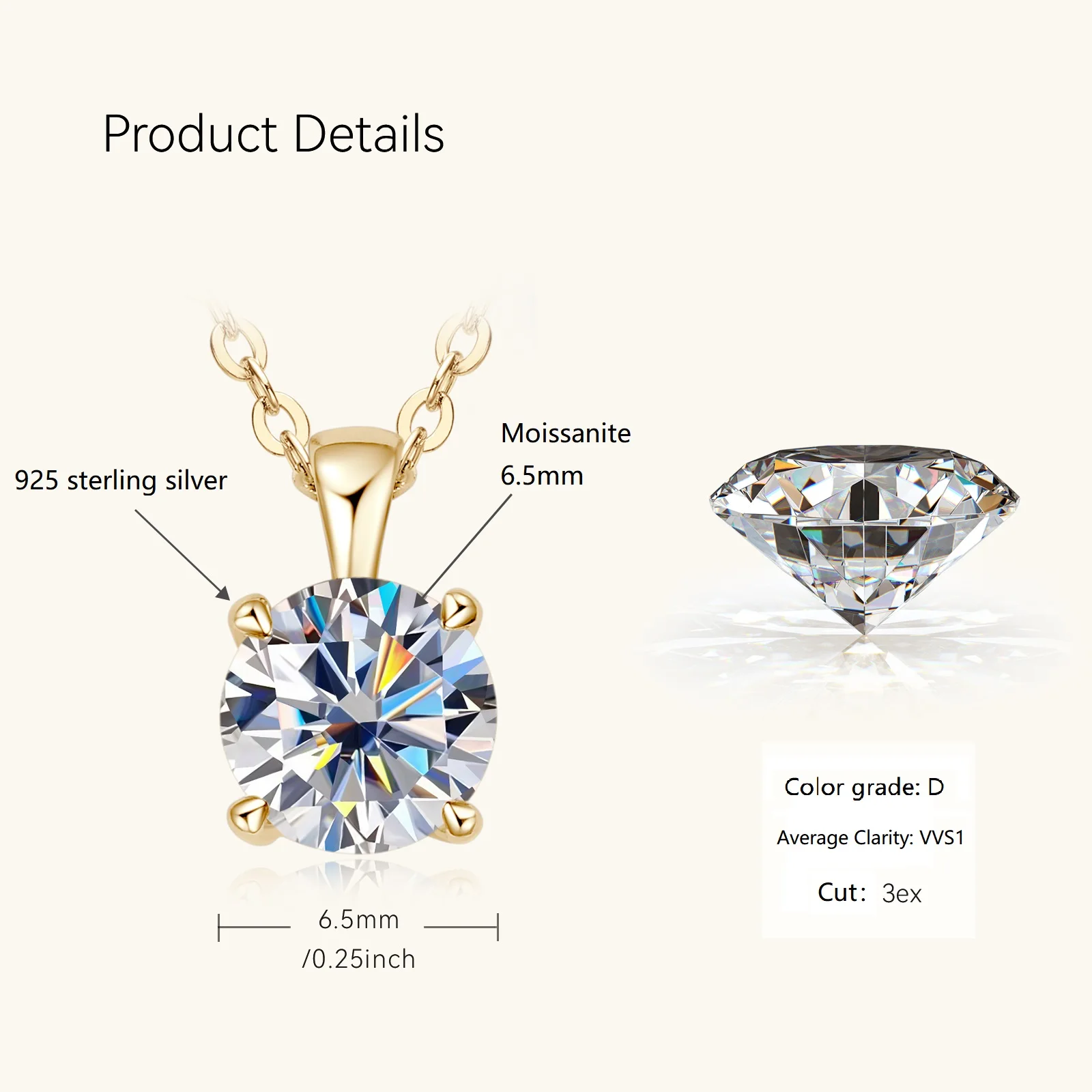 6.5mm 1.0 carat D Moissanite Solitaire Drop Necklaces 18k Gold Plated Pendant Original Real 925 Silver Chain Jewelry for Women images - 6