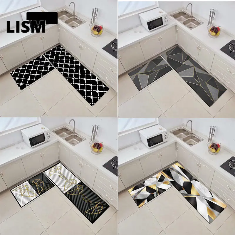 

Simple Geometry Black Kitchen Floor Mats Non-Slip Carpet for Living Room Washable Rugs Bedroom Decoration Home Entrance Doormats