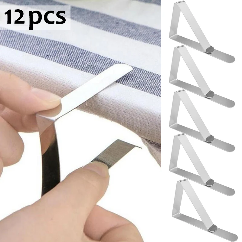 

12pcs Stainless Steel Tablecloth Clamps Anti-Slip Securing Holder Wedding Camping Promenade Table Cloth Cover Fixing Clips