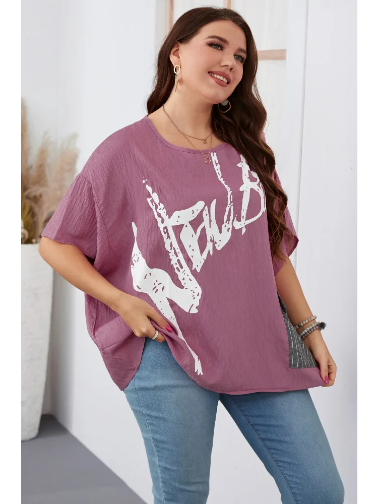 Large Women's Summer Style Commuter Pocket Round Neck Cotton Print Top plus size tee shirt femme grande taille