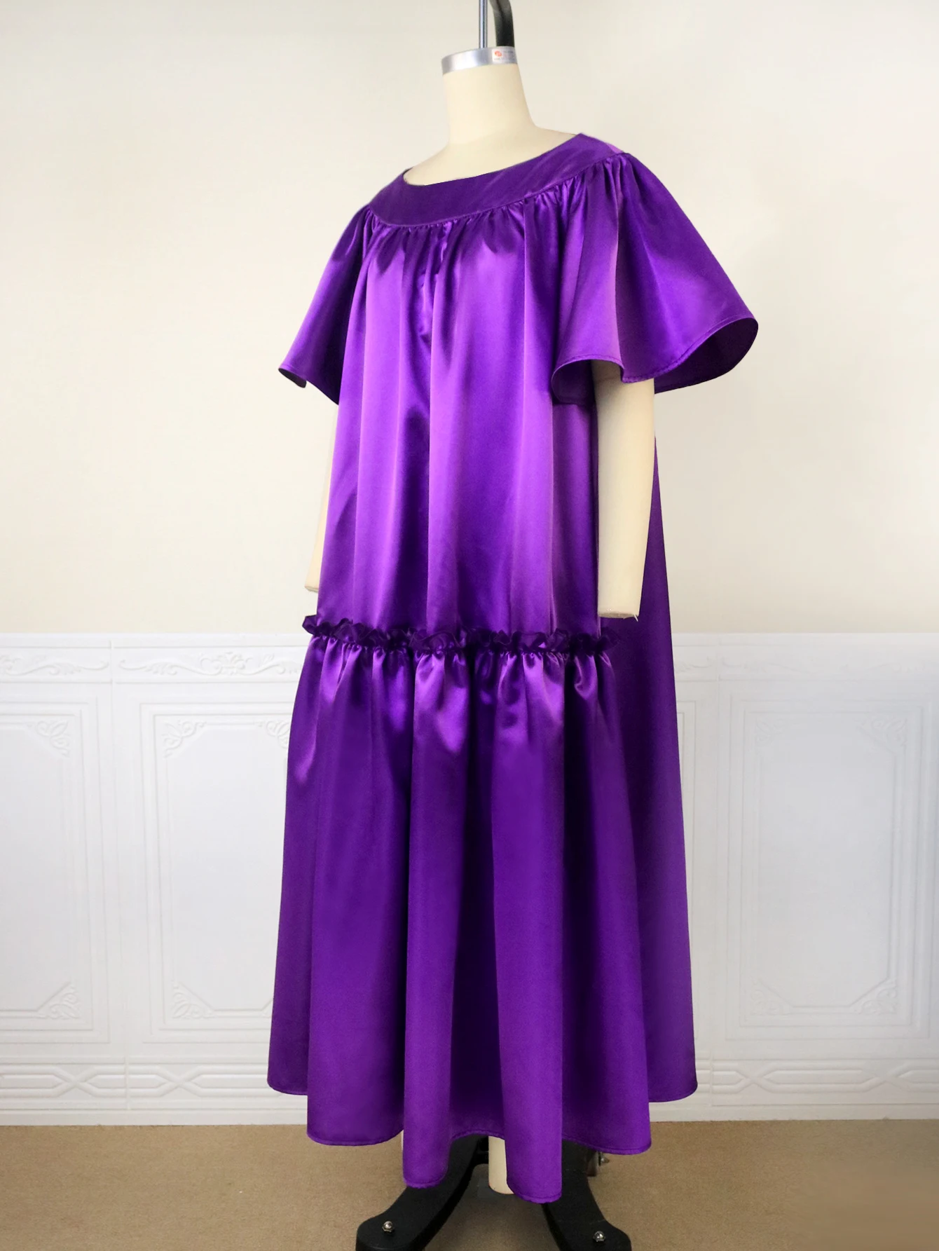 Purple Loose Long Dresses Plus Size 4XL Short Ruffles Sleeve O Neck White Evening Cocktail Event Party Gowns Outfits for Women