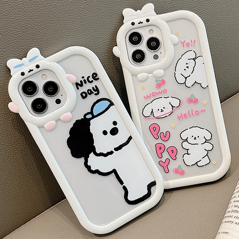 

Cute Cartoon Funny Dogs Phone Case For iPhone 13 11 12 Pro Max XS XR 3D Camera Protection Shockproof Transparent Back Cover