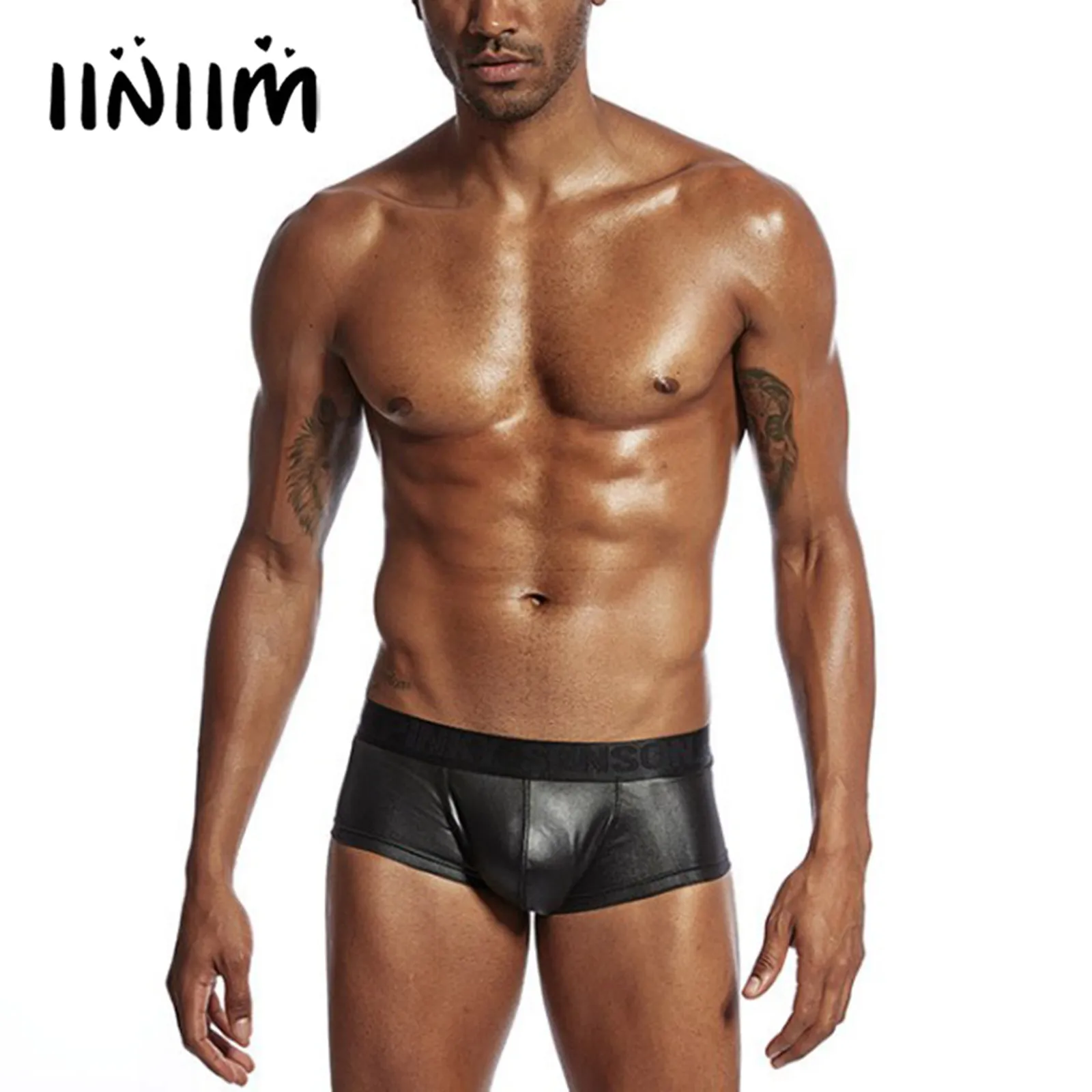 

Mens Glossy Patent Leather Bulge Pouch Boxer Briefs Shorts Low Rise Elastic Waistband Shorts Swimming Trunks Underwear