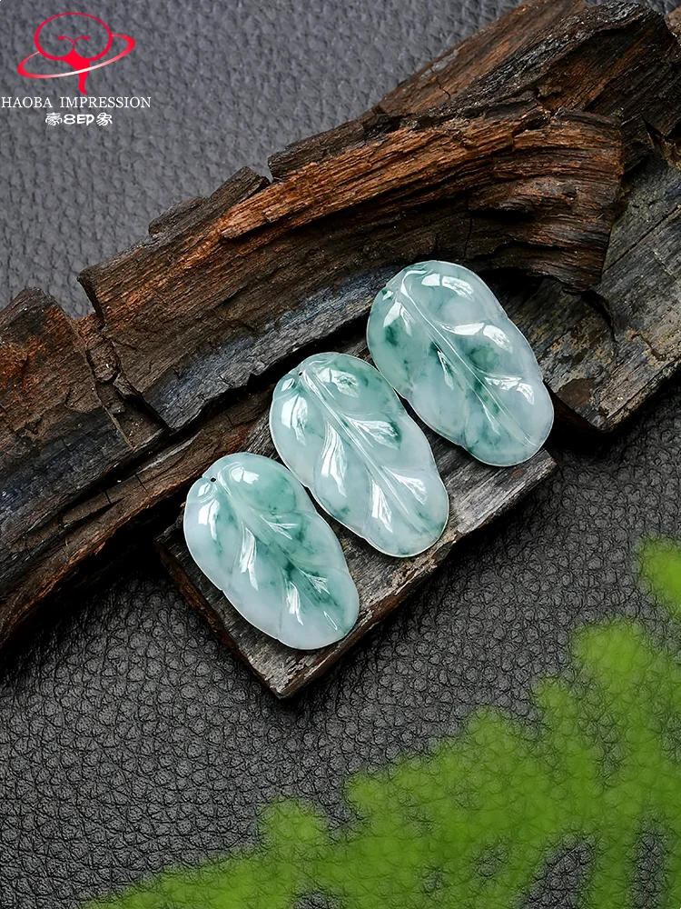 Hao8 Hot0f New Jade Leaf Pendant Natural a Goods Burmese Ice Floating Flower with Certificate
