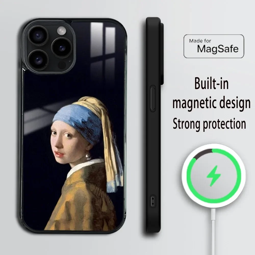 The Girl with a Pearl Earring Phone Case For iPhone 16 15 14 13 12 11 Pro Max Plus Mini Magsafe Mirror Wireless Magnetic Cover