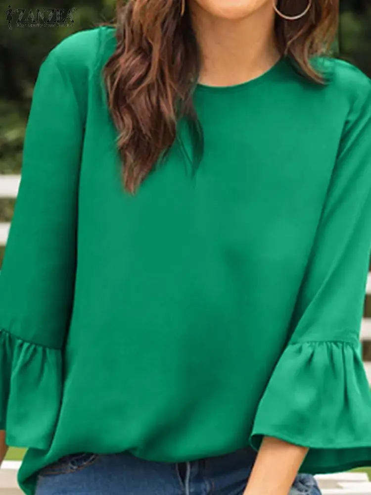 

Fashion Flare Sleeve Tops Women Summer Blouses ZANZEA 2022 Casual Solid Beach Work Blusas Female O Neck Tunic Chemise Top