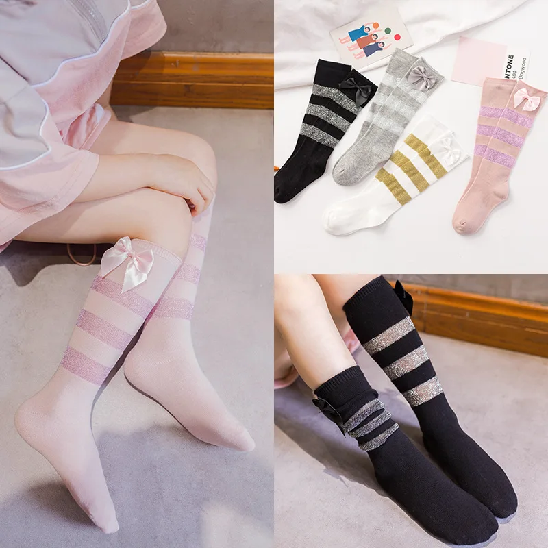 

1 Pair 1 to 5 Years Beautiful Bowknot Girls Knee High Socks Cotton Long Socks For Toddlers Striped Bright Silk Children's Socks