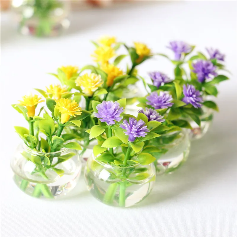 

3pcs Micro Potted Flower Miniature Simulation Hydroponic Plants Decoration Dollhouse Bonsai Desktop Ornament House Accessories