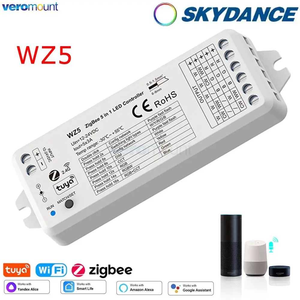 Фото Skydance TUYA Zigbee WZ5 Smart Led Controller 2.4G RF Remote DC12V 24V DIM RGB CCT RGBW RGBWW RGBCW Strip Голосовое управление Google №1