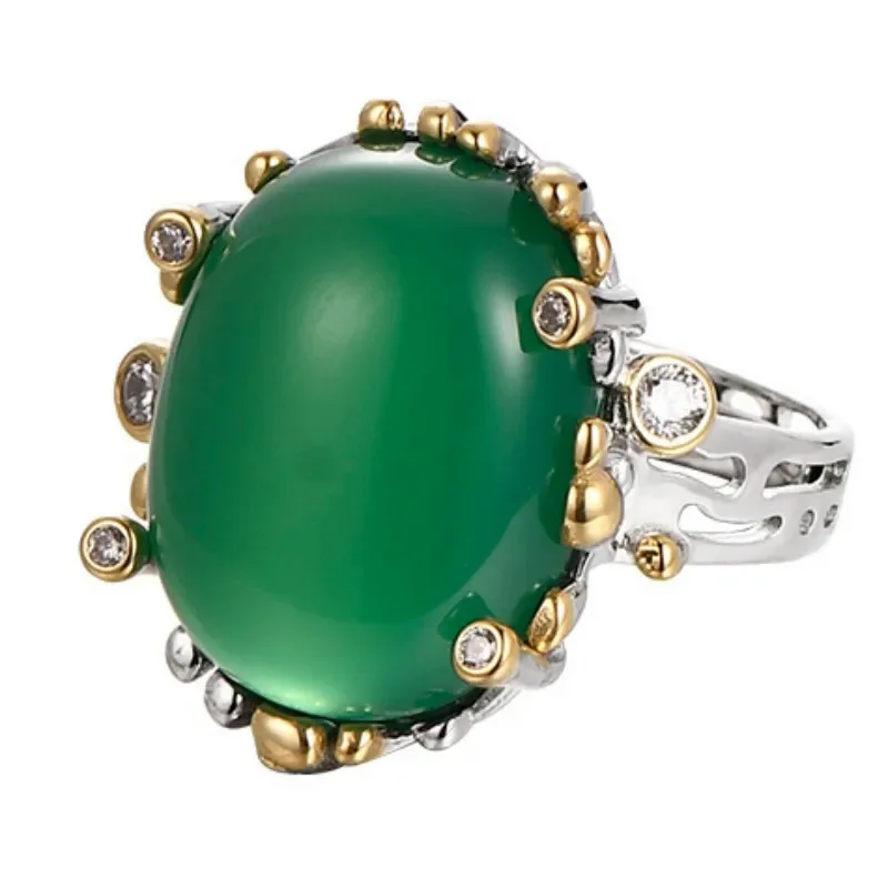 S925 Silver Retro National Style Inlaid Green Agate Egg Face Ring Emerald Chalcedony Temperament Palace Gem