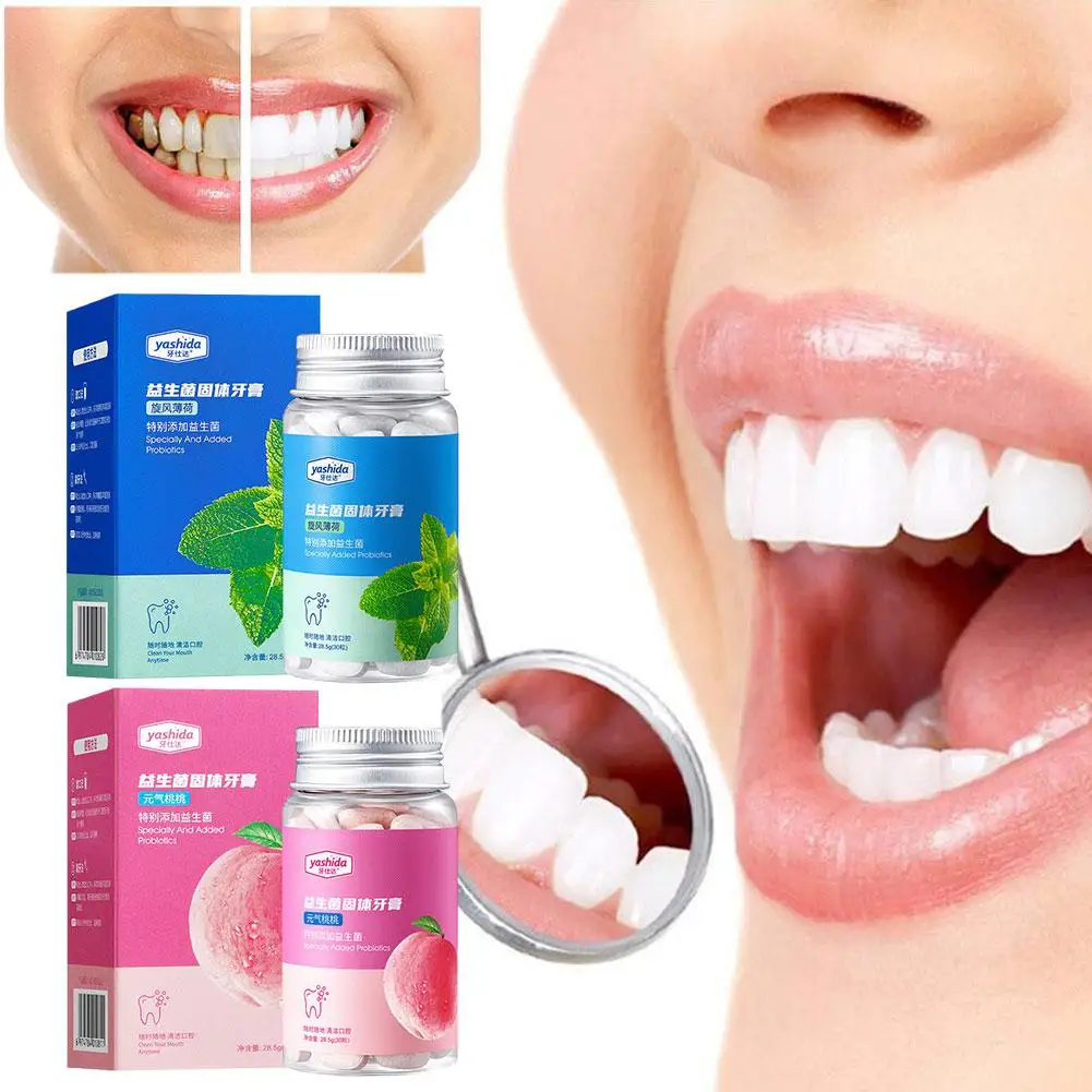 

Probiotic Solid Toothpaste Tablets Peach/Mint Flavors Remove Whitening Stains Breath Mouthwash Charcoal Bad Teeth Fresh Smo S9M0