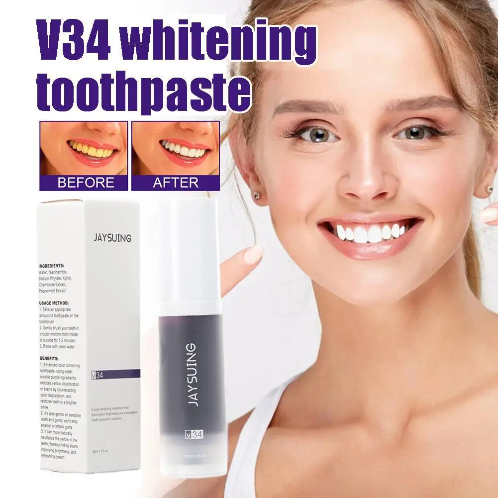 

V34 Tooth Color Corrector Whitening Toothpaste Teeth Deep Cleaning Brightening Gel Mousse Remove Yellow Stain Gum Oral Care 30ml