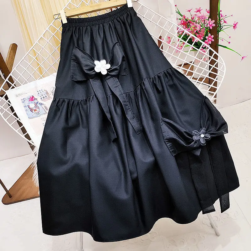 

Skirts Pearl Flower Bow Female 2022 Early Spring New High Waist Umbrella Skirt Long A-line White Flower Applique