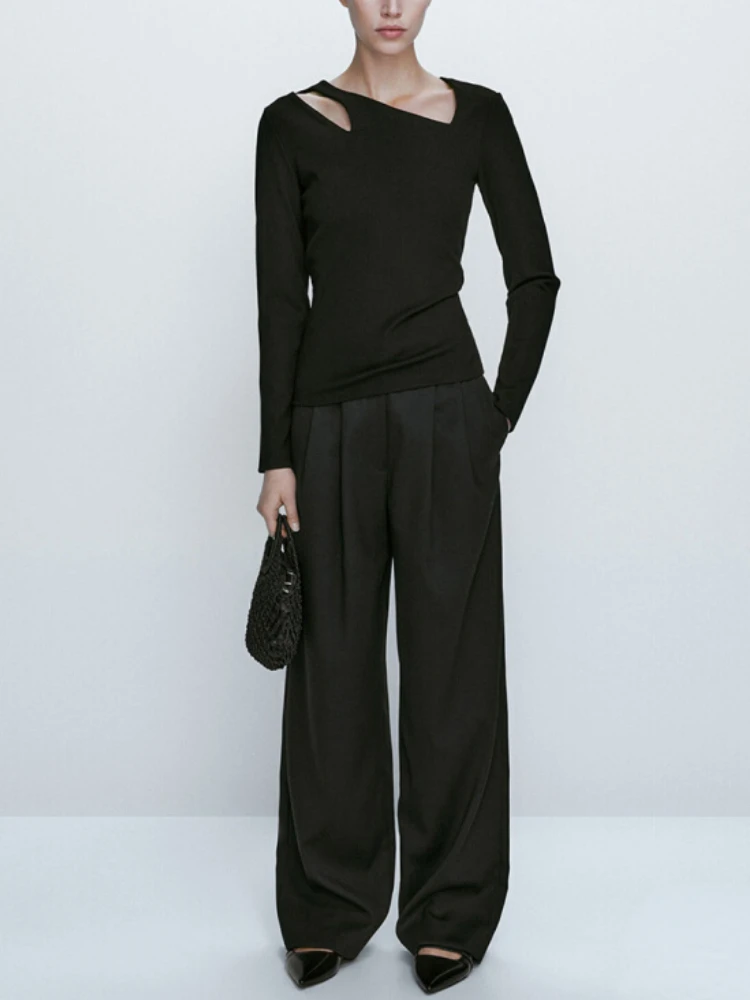 

Женская весенне-летняя Новая высококачественная однотонная Повседневная Асимметричная горловина с длинными рукавами тонкая рифленая ткань