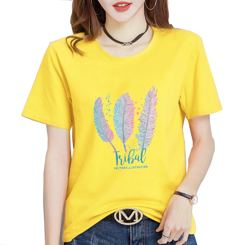 

2023 Summer Printed Short Sleeve T-shirt Korean Loose Original Suu Style Top Casual Feather Pattern Round Neck T-shirt Women