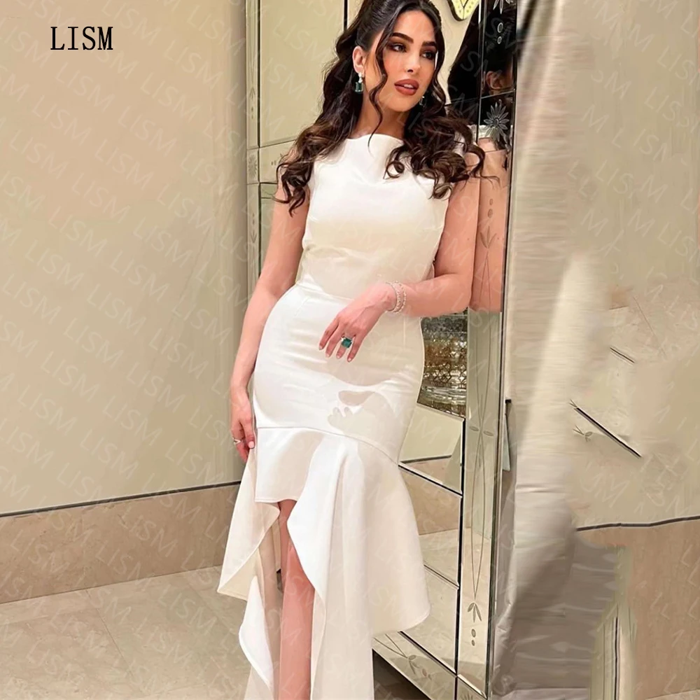 

LISM White Mermaid Simple High Neck Ruffles High Low Tiered Sleeveless Saudi Arabic Women Prom Gowns Beach Evening Party Dress
