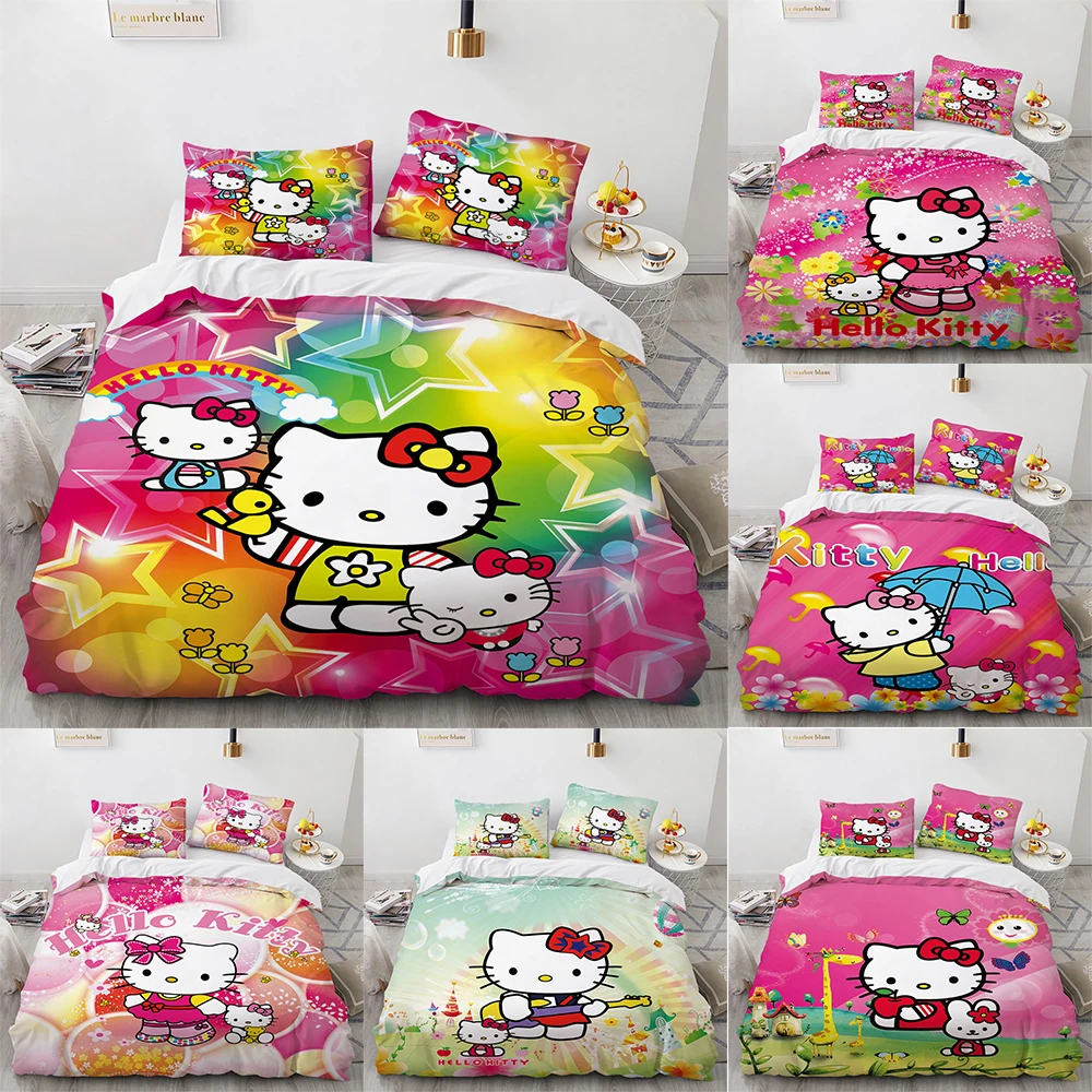 

TAKARA TOMY Hello Kitty Bedding Set Kawaii Cat King Queen Double Twin Size Duvet Cover Set for Kids Baby Girls Bed Accessories