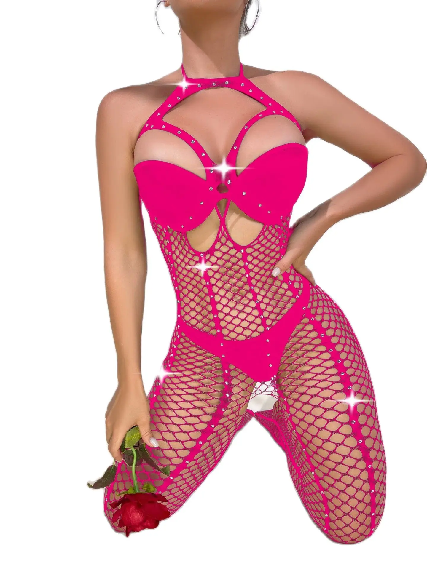 

Porno Rhinestone BodyStocking Elastic Fishnet Lingerie Exotic Dance Wear Nightclub Costume Underwear Erotic Jumpsuits Teddies