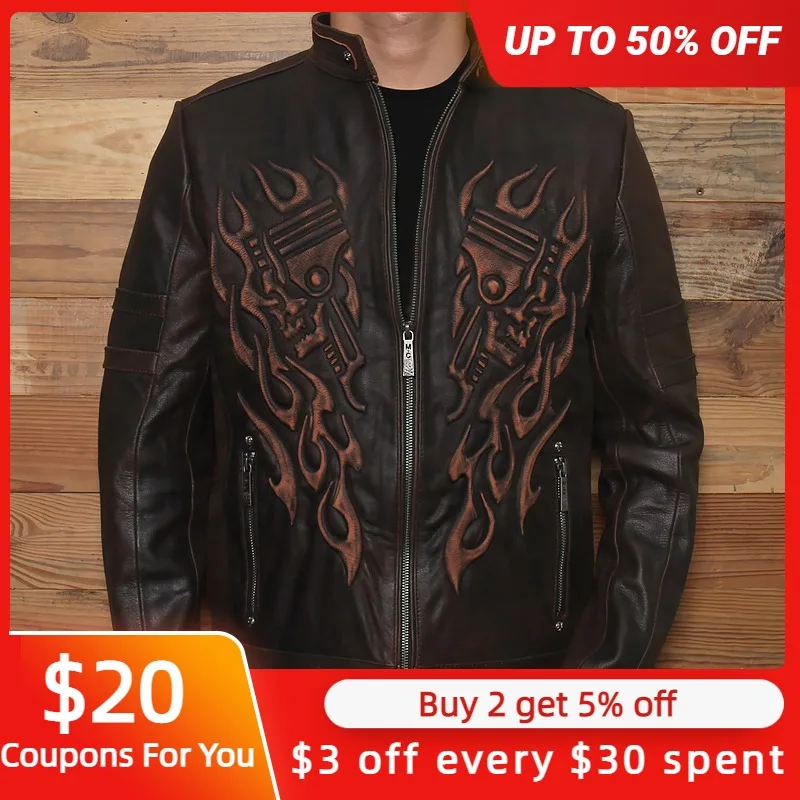 

2022 Vintage Brown Genuine Leather Jacket Men Motorccyle Style Plus Size 4XL Real Natural Cowhide Slim Fit Skulls Biker Coat